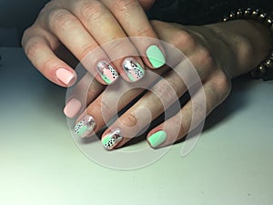 summer bright manicure with silver and stripes design