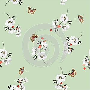 Summer bright Meadow flowers  with butterflies soft and gentle seamless pattern on vector design for fashion,fabric,wallpaper and