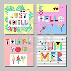 Summer bright memphis style cards set. Design with geometric elements food