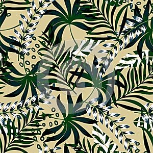 Summer bright original seamless pattern with tropical leaves and plants on beige background. Vector design. Jung print. Floral bac