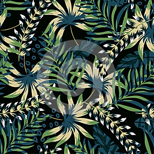 Summer bright original seamless pattern with tropical leaves and plants on a black background. Vector design. Jung print. Floral b