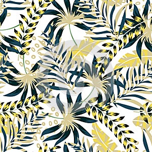 Summer bright original seamless pattern with tropical leaves and plants on a light background. Vector design. Jung print. Floral b