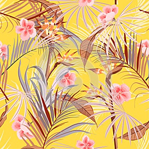 Summer bright Retro tropical wild forest with palm trees ,flowers,leaves,foliage seamless pattern in vector suits for