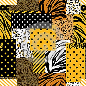 Summer bright safari animal skin mixed with geometric pattern ,polka dots and stripe in modern patchwork collage style seamless