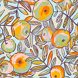 Summer bright seamless pattern with apple tree. Fruit fabric design in impressionism style. Repeat background