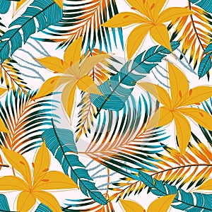 Summer bright seamless pattern with tropical leaves and flowers on white background. Vector design. Jung print. Floral background.