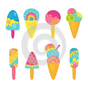 Summer bright set of various delicious ice cream including lolly ice, cones with different topping and fruit ice