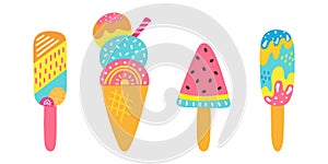 Summer bright set of various delicious ice cream including lolly ice, cones with different topping and fruit ice