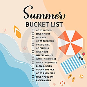 Summer bucket list. Funny things to do checklist. Seasonal activity planner page. Vacations wish list. Easy to edit