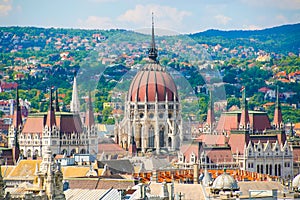 Summer Budapest. Panorama of The town and the Parliament in Budapest.