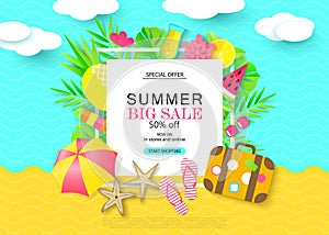 Summer Bug Sale banner with Sweet Travel Vacation Elements. Paper Art. Tropical plants, pineapple, ice cream, cherry, watermelon,s