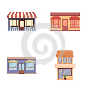 Summer cafe icons set cartoon vector. Colorful facade of cafe with canopy