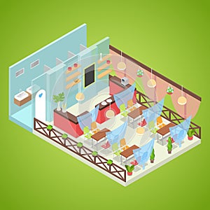 Summer Cafe Interior Design. Fast Food Outdoor. Isometric flat 3d illustration