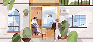 Summer cafe with people inside and outside coffee shop. Man enjoying tea cup on street terrace of coffeehouse. Customers