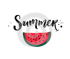 Summer calligraphy inscription and red ripe watermelon slice isolated on white background