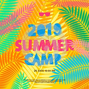 Summer camp 2019 handdrawn lettering on jungle background with colorful tropical leaves. Vector illustration.