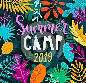 Summer camp 2019 lettering on jungle background.