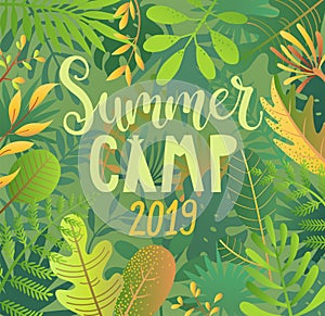 Summer camp 2019 lettering on jungle background.