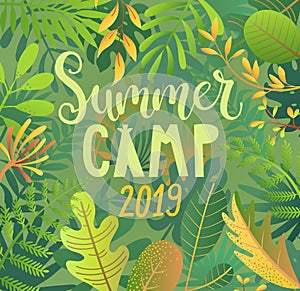 Summer camp 2019 lettering on jungle background.