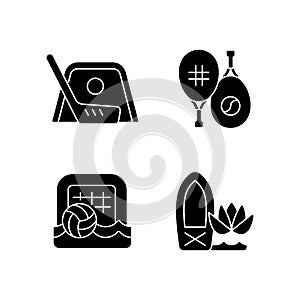 Summer camp activities black glyph icons set on white space
