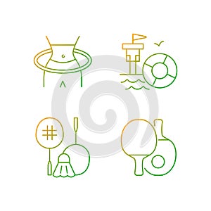 Summer camp activities gradient linear vector icons set