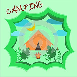 Summer camp activity vector, flat design paper craft 3d. Illustration campfire recreation cut style card. Abstract background sky