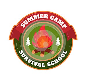 Summer camp badge with fire and trees on green. Outdoor adventure and nature activity patch. Campfire logo for scout