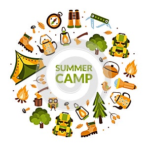 Summer Camp Banner Template with Hiking Equipment of Round Shape, Camping, Mountaineering, Hiking, Trekking on Nature