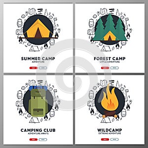 Summer camp banners. Camping hand draw doodle background. Vector illustration.
