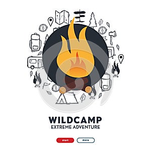 Summer camp with bonfire. Camping hand draw doodle background. Vector illustration.