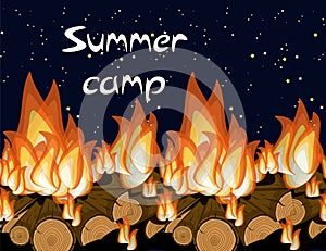 Summer camp bunner template with nature evening landscape and text.