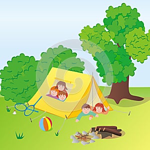 Summer camp, children in tent, funny illustration