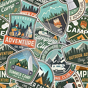 Summer camp colorful seamless pattern with rv trailer, camping tent, campfire, bear, man with guitar and forest. Vector