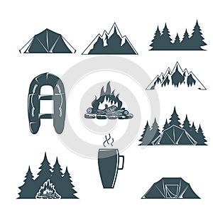 Summer camp with design elements. Camping and outdoor adventure emblems. Camping tent, forest silhouette. Vector