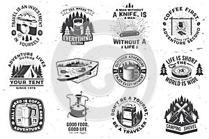Summer camp with design elements. Vector illustration. Camping and outdoor adventure emblems. Typography design with