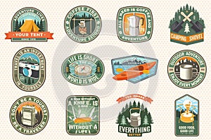 Summer camp with design elements. Vector illustration. Camping and outdoor adventure emblems. Typography design with