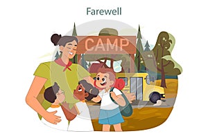 Summer camp farewell. Happy kids saying goodbye to a scoutmaster.