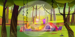 Summer camp on forest glade with tent and campfire