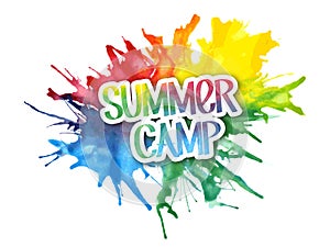 SUMMER CAMP hand-written graffiti-style letters on watercolor paint splashes