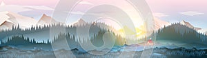 Summer Camp House with Mountain Lake Panorama - Vector Illustration