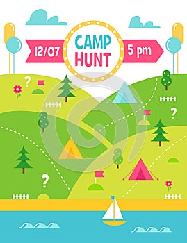 Summer Camp Hunt, Quest and Outdoor Activities Vector Poster