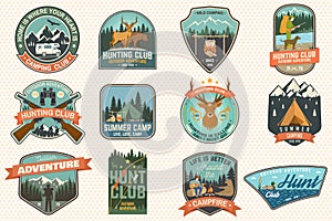 Summer camp and Hunting club patches.Vector. Concept for shirt or logo, print, stamp, patch. Patch typography design