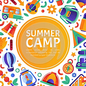 Summer camp invitation banner template. Summer vacation, traveling flyer, invitation card vector illustration