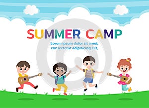 Summer camp kids education concept Template for advertising brochure, activities on camping poster your text ,Vector Illustration.