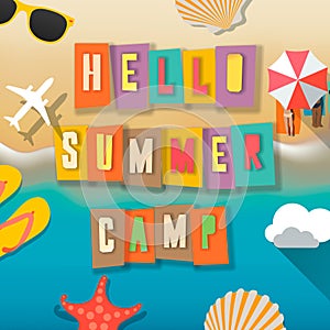 Summer Camp for kids poster, summer child`s outdoor activities on the beach happy childhood, vector.