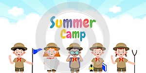 Summer camp kids wear scout honor uniform banner template background education for advertising brochure poster, happy children