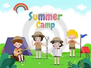 Summer camp kids wear scout honor uniform banner template background education for advertising brochure poster, happy children