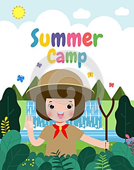 Summer camp kids wear scout honor uniform banner template background education for advertising brochure poster, happy children