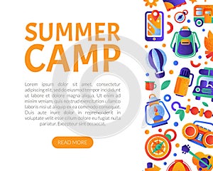 Summer camp landing page template. Camping festival, vacation or traveling activity mobile app, web page