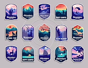 Summer camp logo. Cartoon outdoor travel and hiking emblem with forest tent or mountains. Winter journey. Adventure in